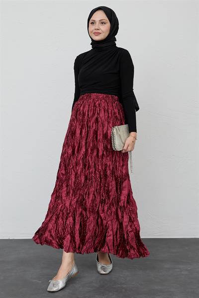 İncili Saten Kraş Bordo Etek