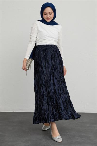 İncili Saten Kraş Lacivert Etek