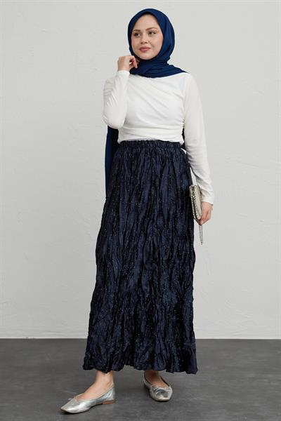 İncili Saten Kraş Lacivert Etek
