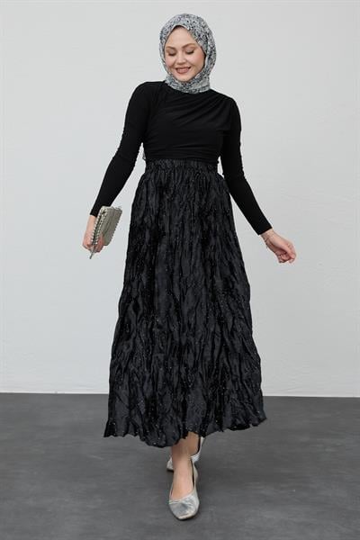 İncili Saten Kraş Siyah Etek