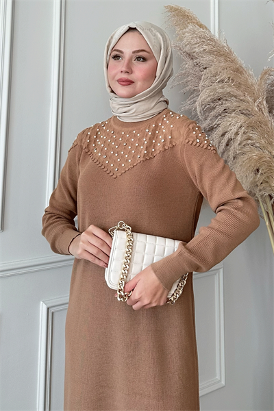 İncili Triko Elbise Camel