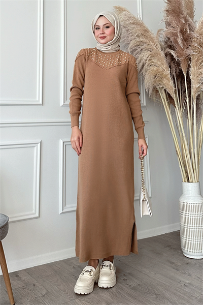 İncili Triko Elbise Camel