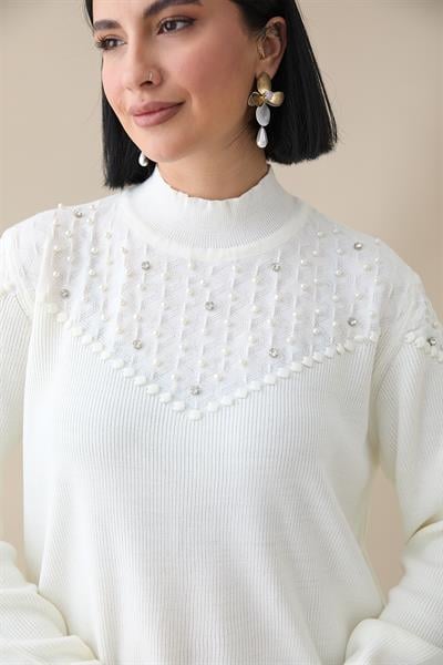 İncili Triko Elbise Ekru