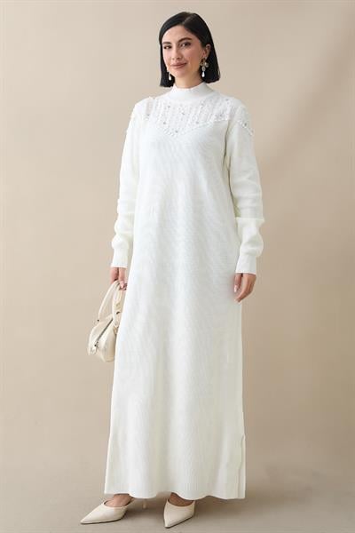 İncili Triko Elbise Ekru