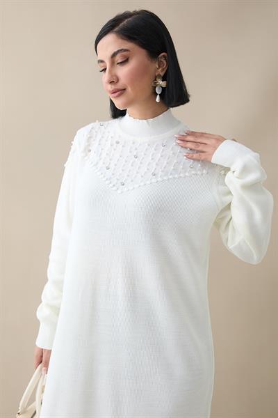 İncili Triko Elbise Ekru