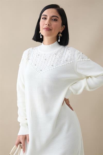 İncili Triko Elbise Ekru