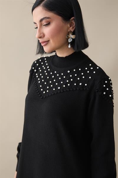 İncili Triko Elbise Siyah