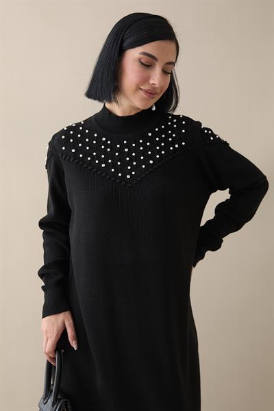 İncili Triko Elbise Siyah