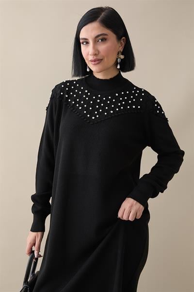 İncili Triko Elbise Siyah