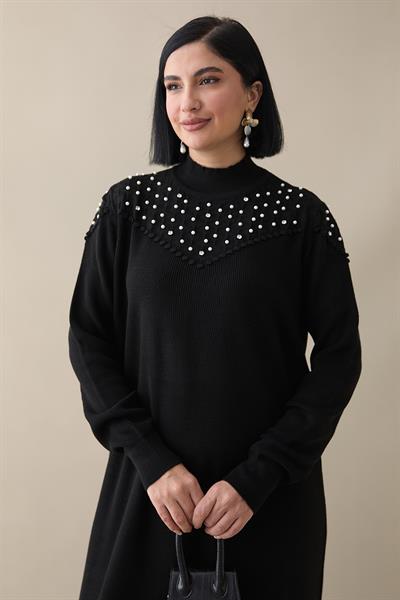 İncili Triko Elbise Siyah