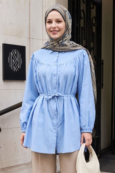 İp Kuşaklı Bebe Mavisi Gömlek Tunik