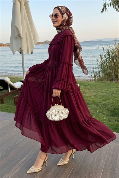 İpli Salaş Bordo Şifon Elbise