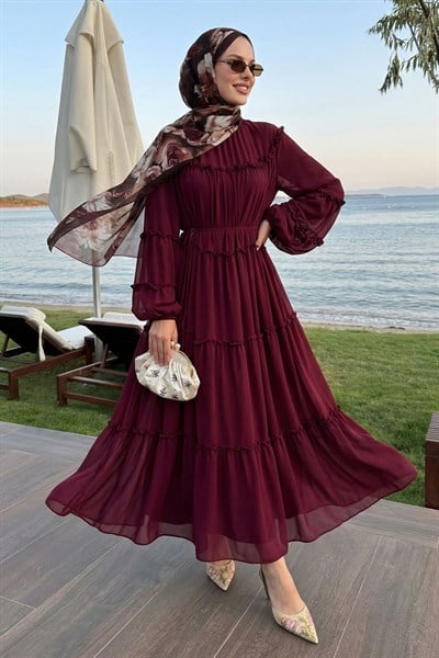 İpli Salaş Bordo Şifon Elbise