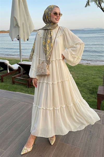 İpli Salaş Krem Şifon Elbise