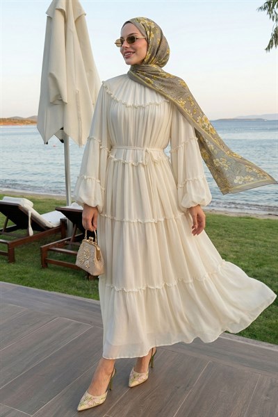 İpli Salaş Krem Şifon Elbise