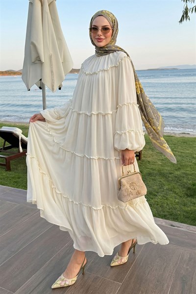 İpli Salaş Krem Şifon Elbise