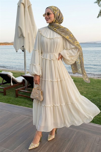 İpli Salaş Krem Şifon Elbise