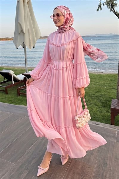 İpli Salaş Pembe Şifon Elbise