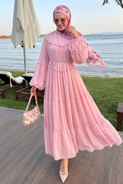İpli Salaş Pembe Şifon Elbise