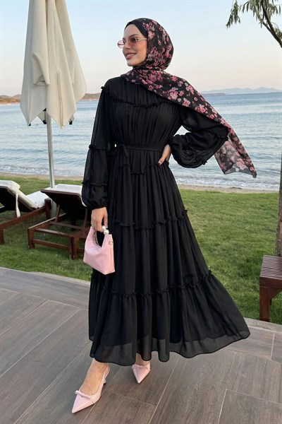 İpli Salaş Siyah Şifon Elbise