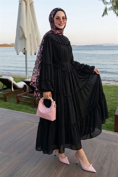 İpli Salaş Siyah Şifon Elbise