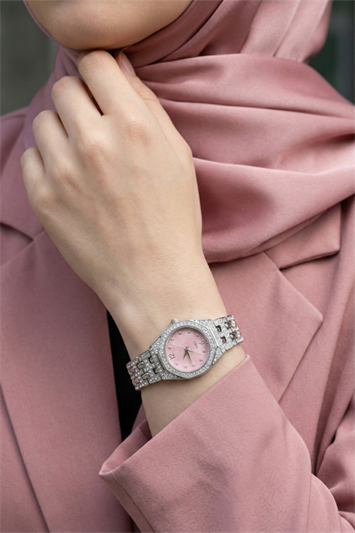 Işıltılı Taş Detaylı Gümüş-Pembe Kadın Kol Saati