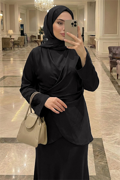 İspanyol Kol Siyah Saten Takım