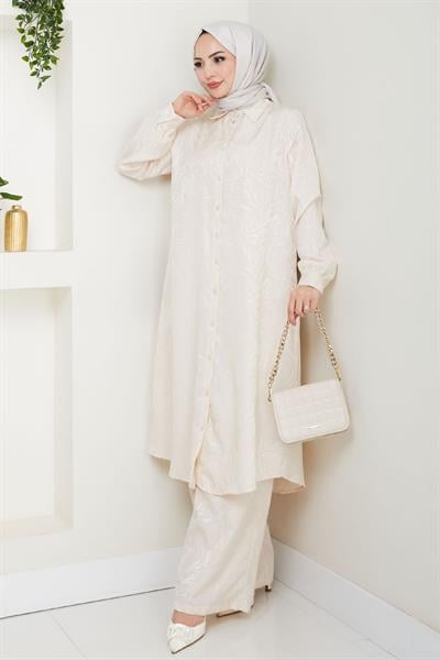 Jakar Boydan Düğmeli İkili Takım Ekru