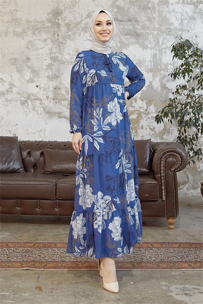 Jalya Buttoned Neck Tie Indigo Chiffon Dress