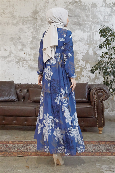 Jalya Buttoned Neck Tie Indigo Chiffon Dress