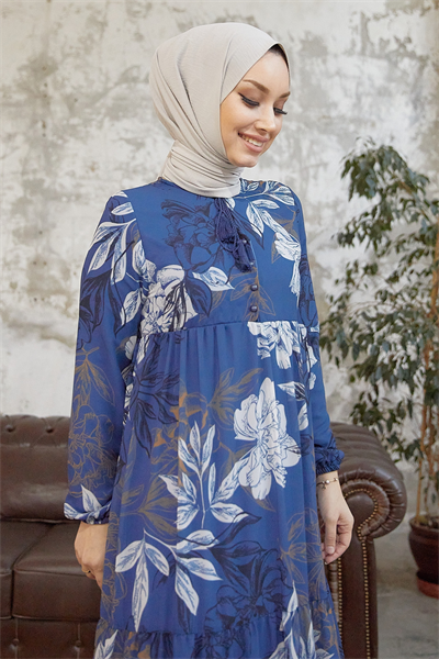 Jalya Buttoned Neck Tie Indigo Chiffon Dress