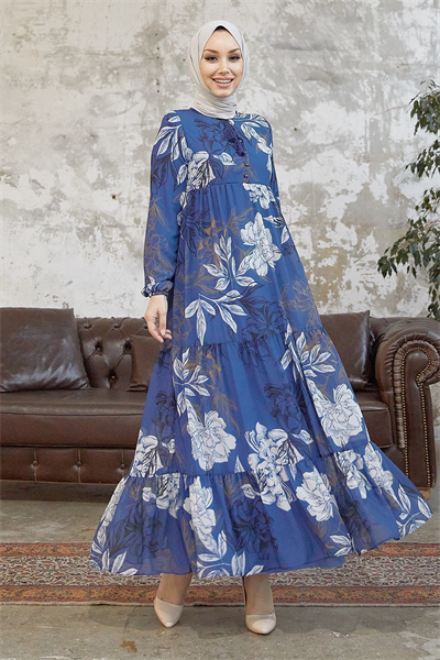 Jalya Buttoned Neck Tie Indigo Chiffon Dress