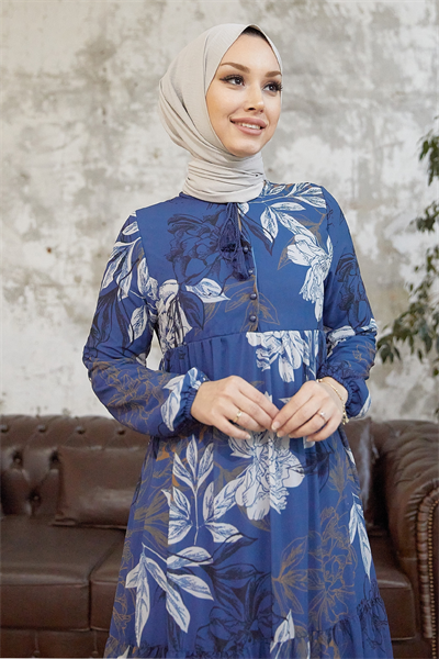 Jalya Buttoned Neck Tie Indigo Chiffon Dress