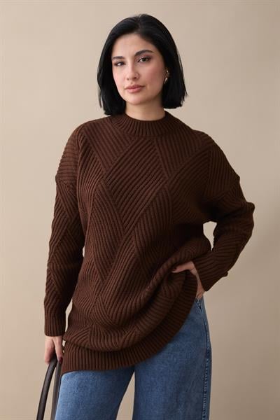 Kabartma Çizgili Desen Acı Kahve Triko Tunik