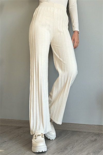 Kalın Fitilli Ekru Triko Pantolon