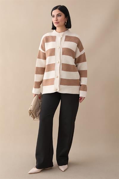 Kalın Şeritli Camel Triko Hırka