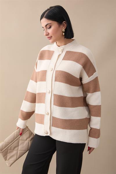 Kalın Şeritli Camel Triko Hırka