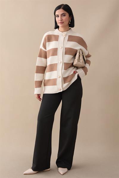 Kalın Şeritli Camel Triko Hırka