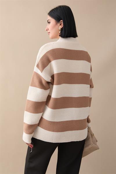 Kalın Şeritli Camel Triko Hırka