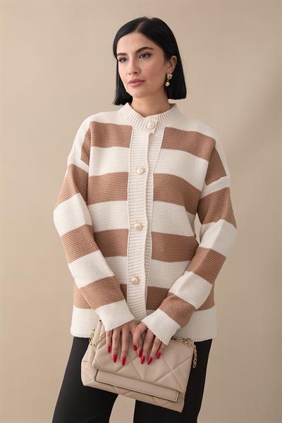 Kalın Şeritli Camel Triko Hırka