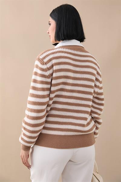 Kalpli Şeritli Camel Triko Hırka