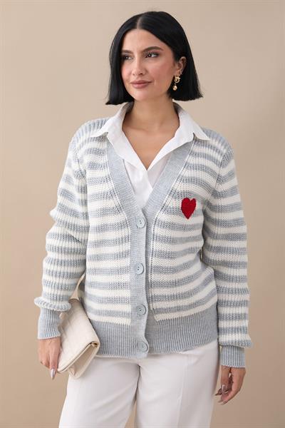 Kalpli Şeritli Gri Triko Hırka