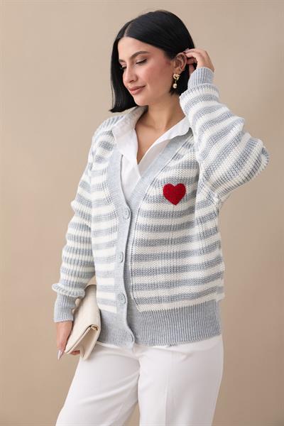 Kalpli Şeritli Gri Triko Hırka