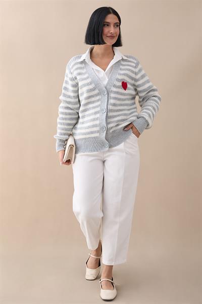 Kalpli Şeritli Gri Triko Hırka