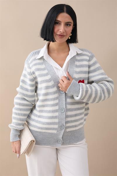 Kalpli Şeritli Gri Triko Hırka