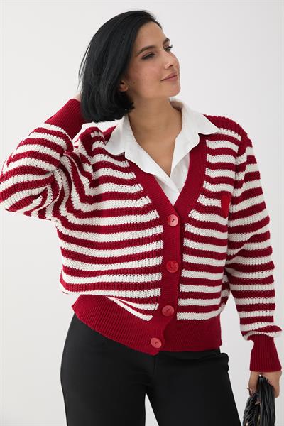 Kalpli Şeritli Kırmızı Triko Hırka