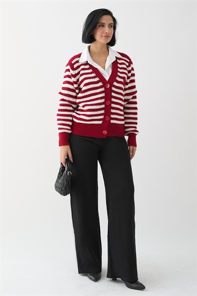 Kalpli Şeritli Kırmızı Triko Hırka