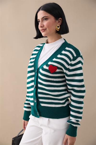 Kalpli Şeritli Zümrüt Yeşili Triko Hırka