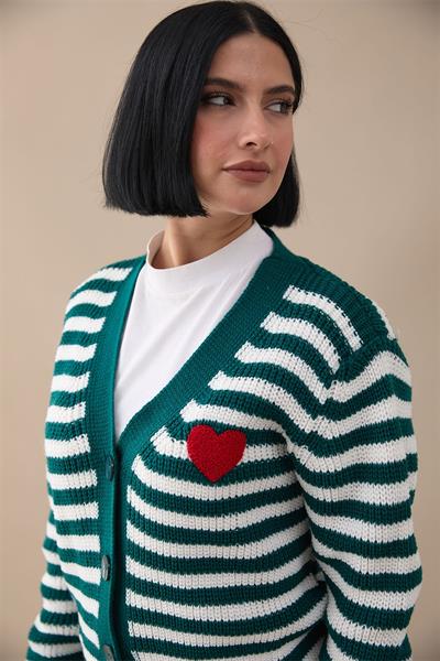 Kalpli Şeritli Zümrüt Yeşili Triko Hırka