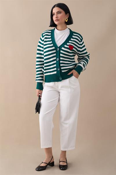 Kalpli Şeritli Zümrüt Yeşili Triko Hırka